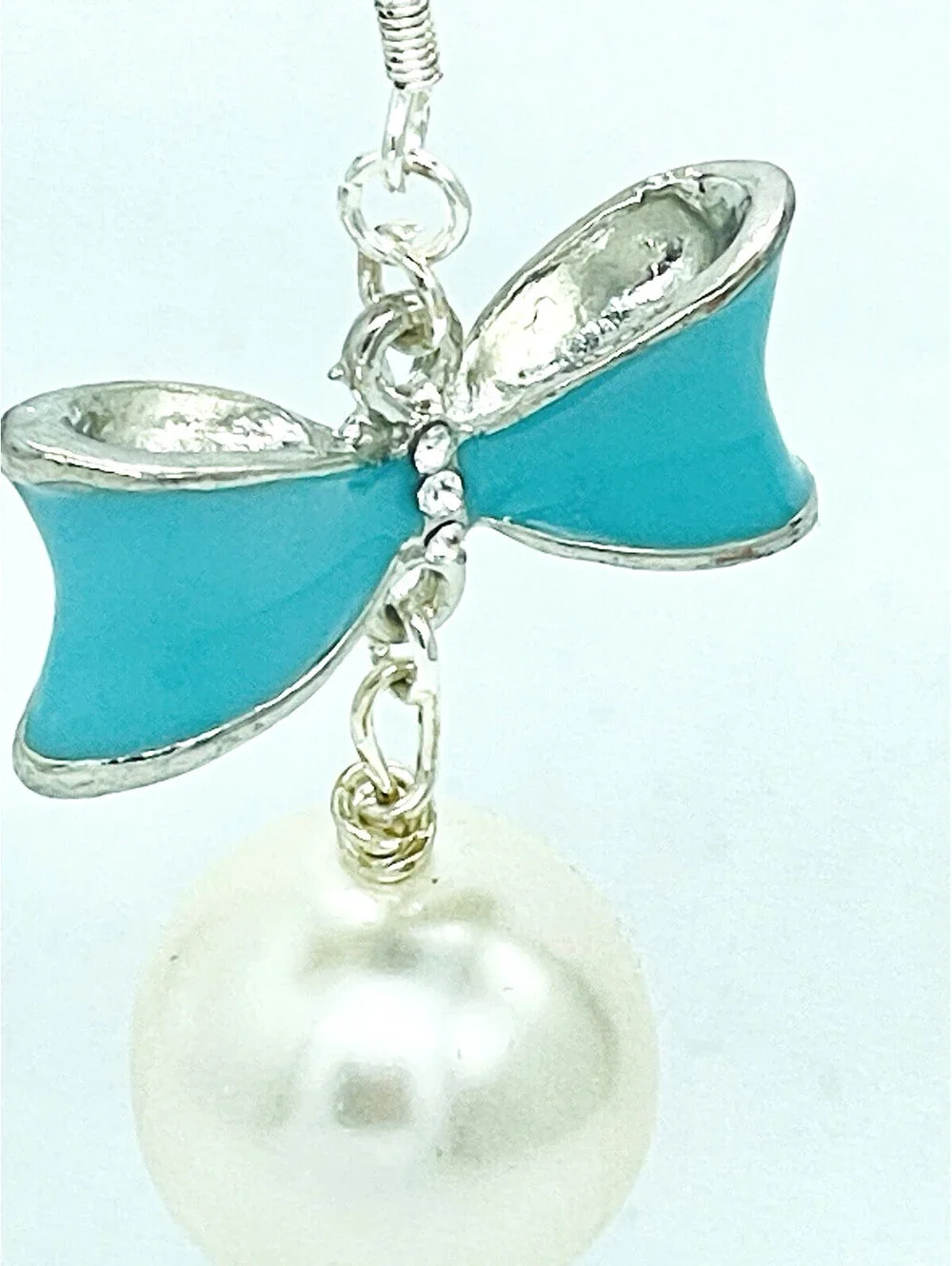 Enamel Blue Bow Large Pearl Drop Earrings Handmade French Hooks Silvertone 15mm